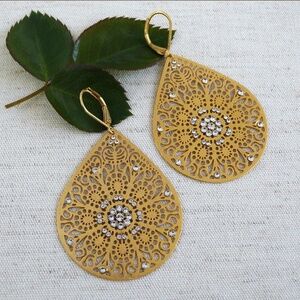 Catherine Popesco Large Gold Filigree Earrings w/Crystals teardrop shaped, 2 1/2